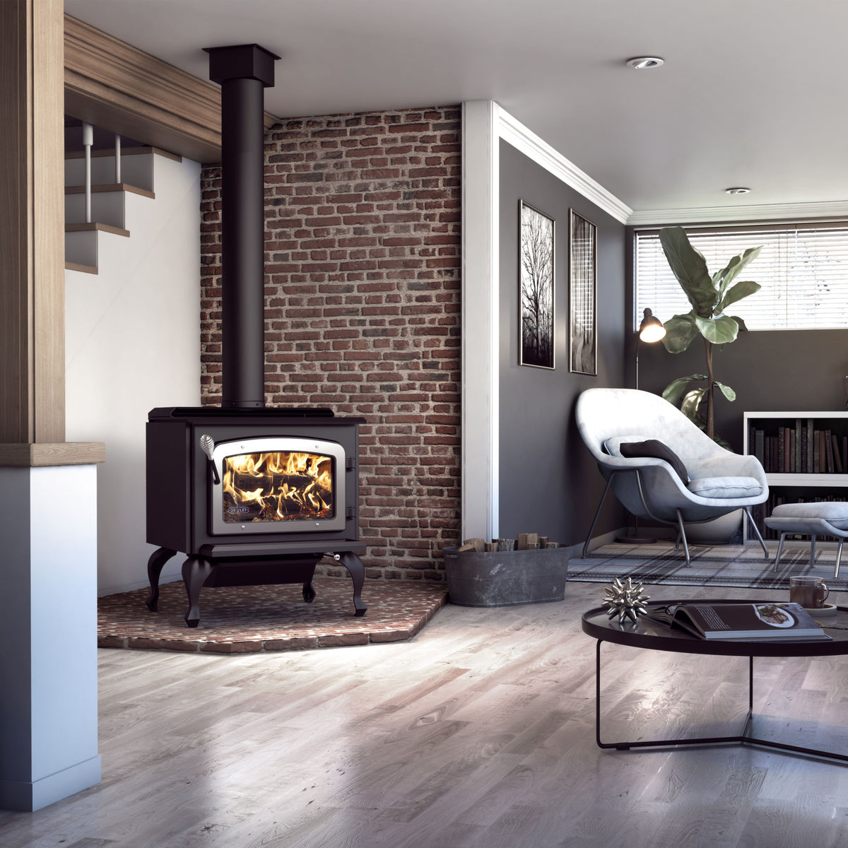 Drolet Escape 1800 Wood Stove On Legs - Brushed Nickel Door DB03112
