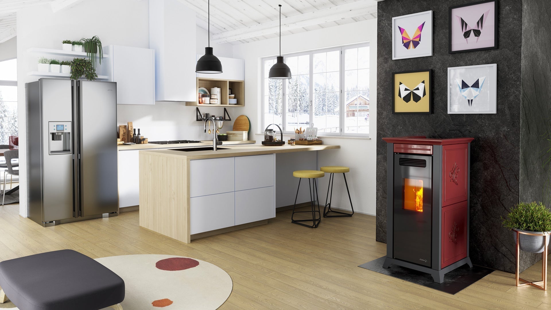 Dielle Ethesia Pellet Stove - White Ceramic With Black Glass Front