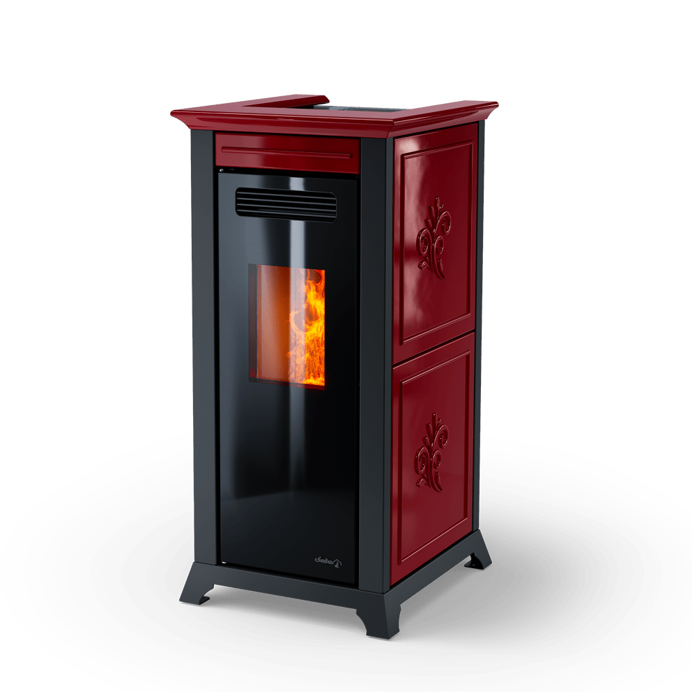 Dielle Ethesia Pellet Stove - Bordeaux Ceramic With Black Glass Front