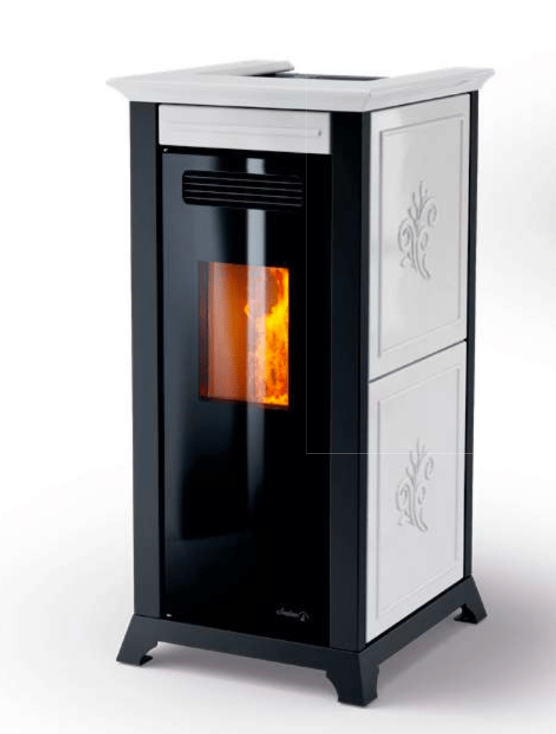 Dielle Ethesia Pellet Stove - White Ceramic With Black Glass Front