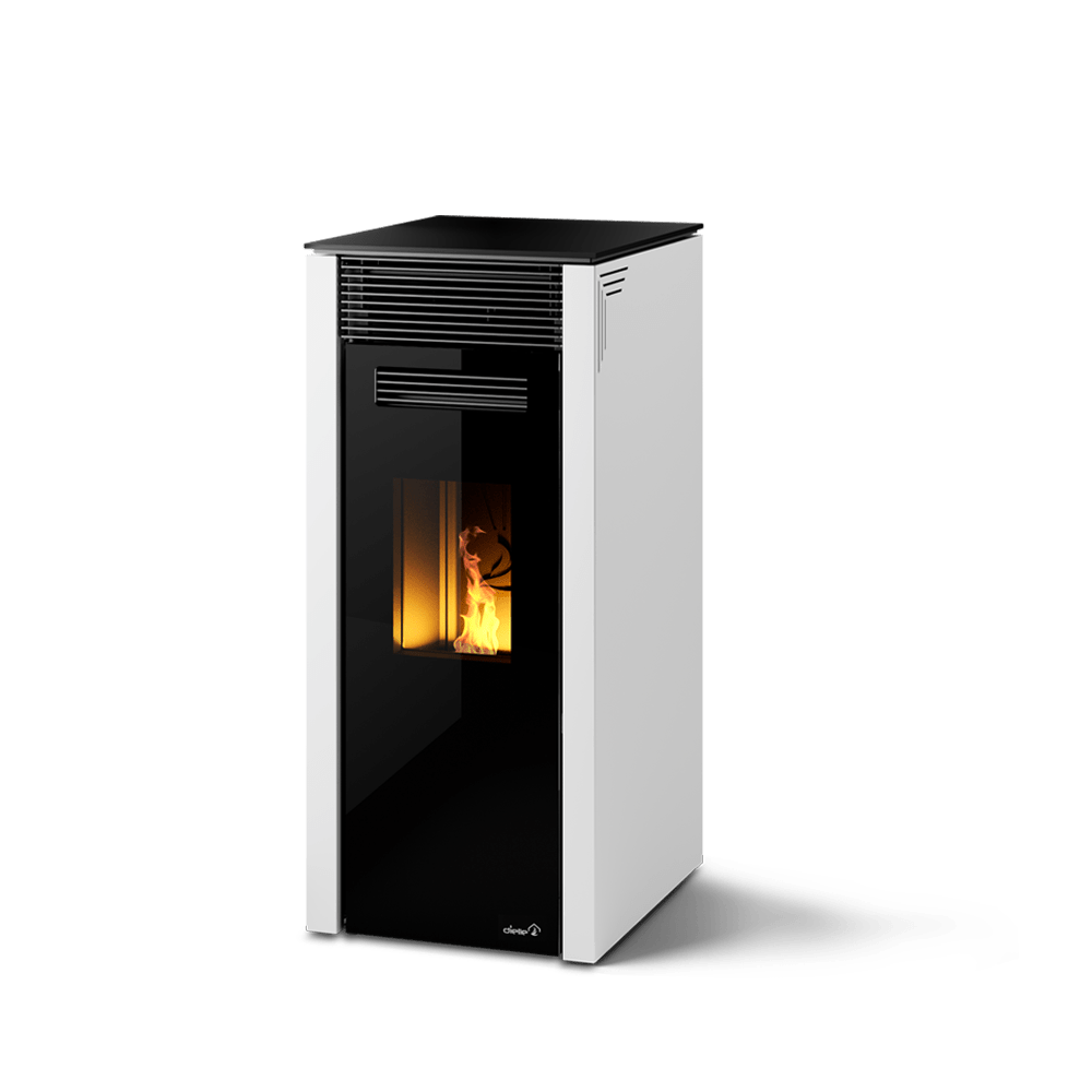 Dielle Grecale 70 Pellet Stove - Pearl White Steel With Magic Black Glass Front